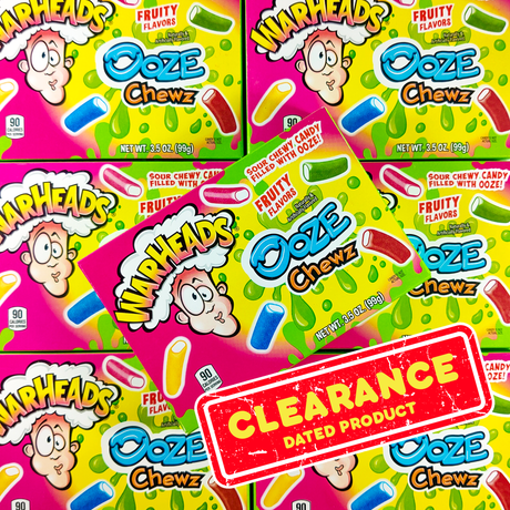 Warheads Ooze Chewz candy packages with a clearance label on a colorful background