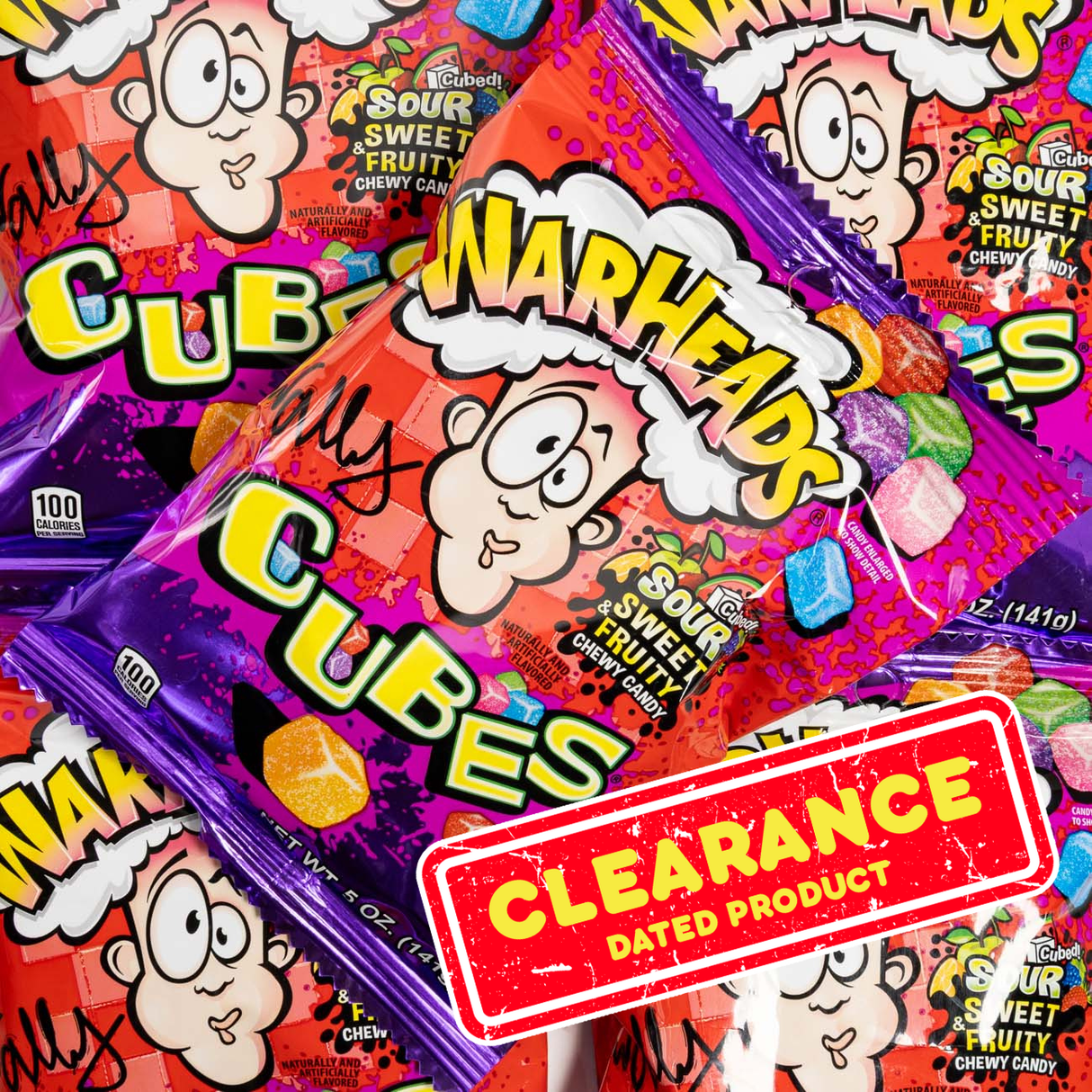 Warheads Cubes candy package with cartoon characters and 'Clearance' label.