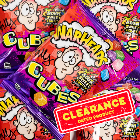 Warheads Cubes candy package with cartoon characters and 'Clearance' label.