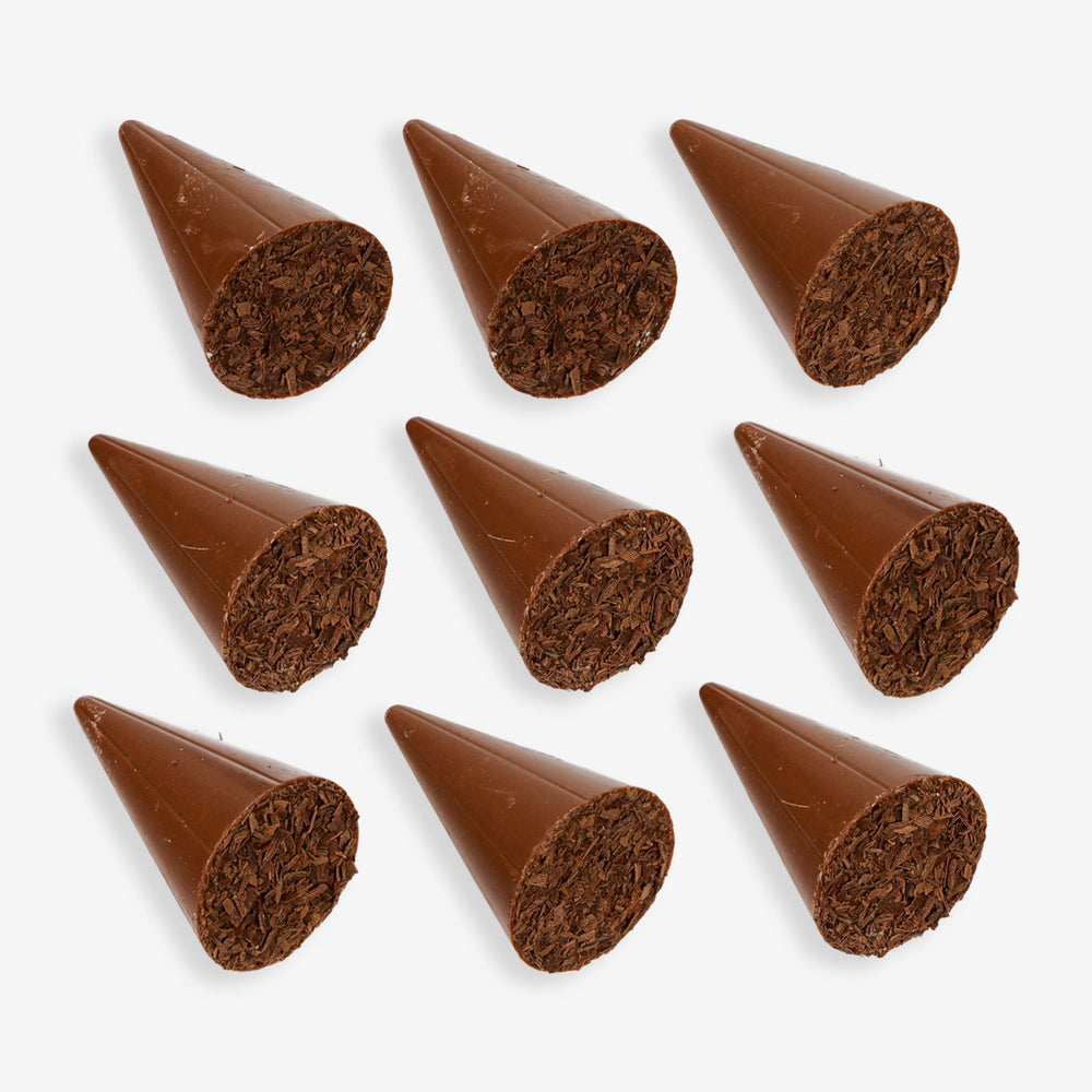 Nine chocolate cones on a white background