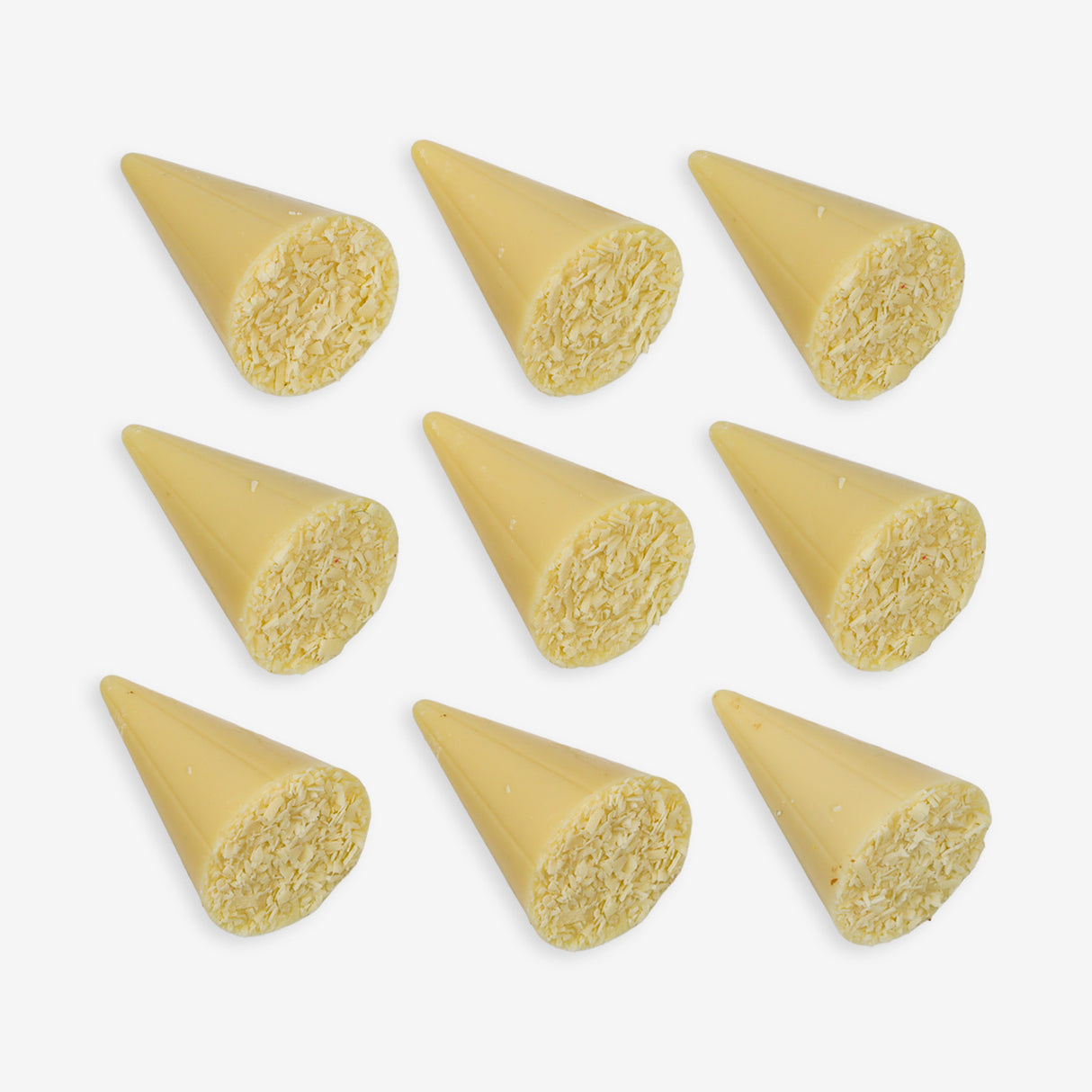 Nine yellow conical objects on a white background