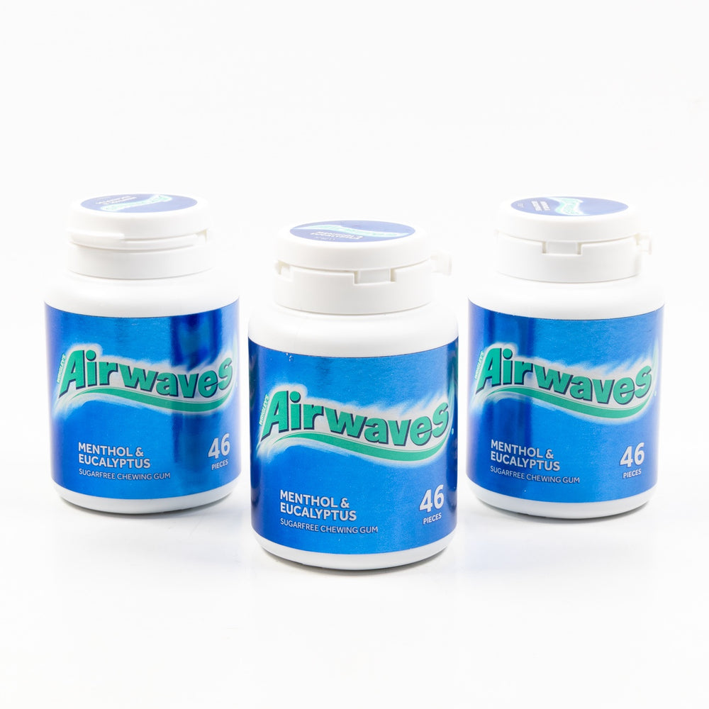 Three containers of Airwaves menthol and eucalyptus products on a white background