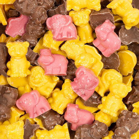 chocolate, milk, yellow, brown, pink, animals