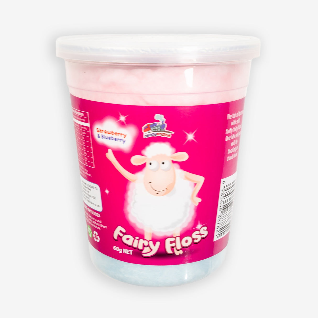 Container of fairy floss with a pink label featuring a cartoon sheep on a white background