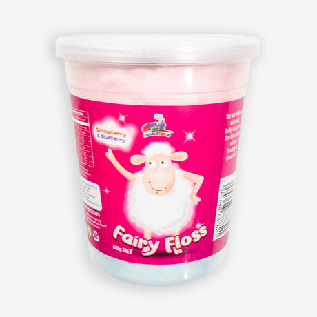 Container of fairy floss with a pink label featuring a cartoon sheep on a white background