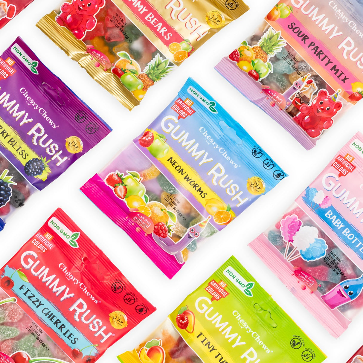 Assorted gummy candy packages on a white background