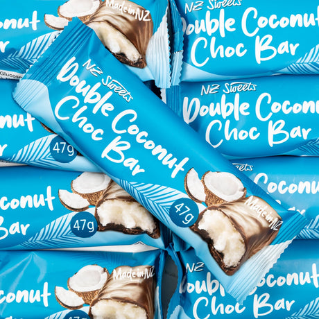 NZ Sweets Double Coconut Choc Bar packaging with blue and white design.