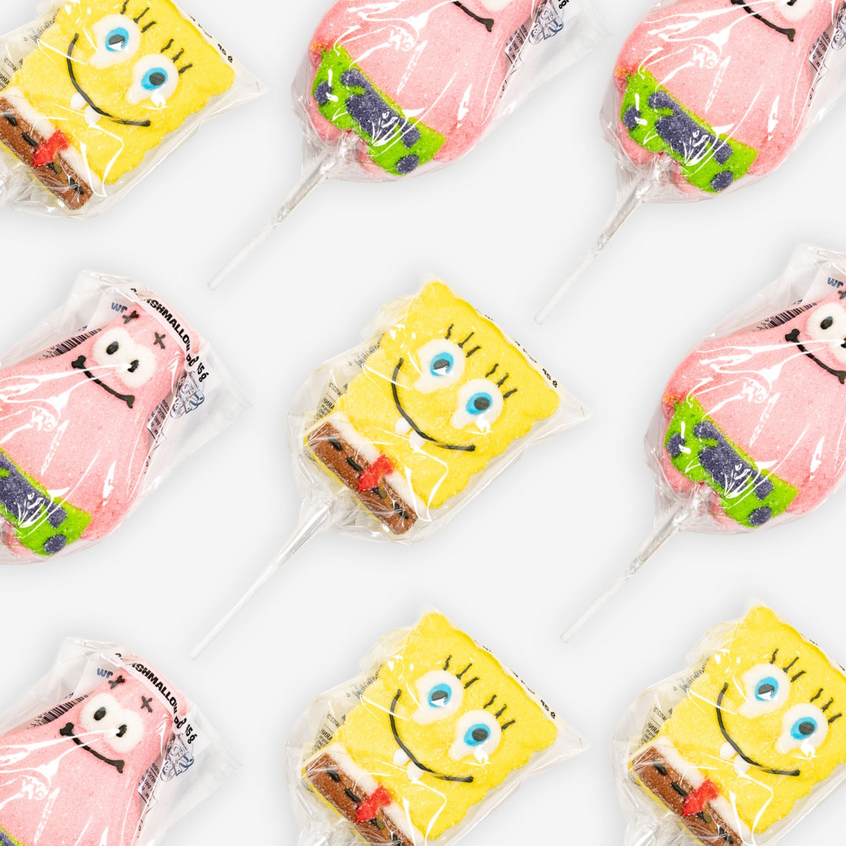 Candy bars shaped like cartoon characters in clear wrappers on a white background