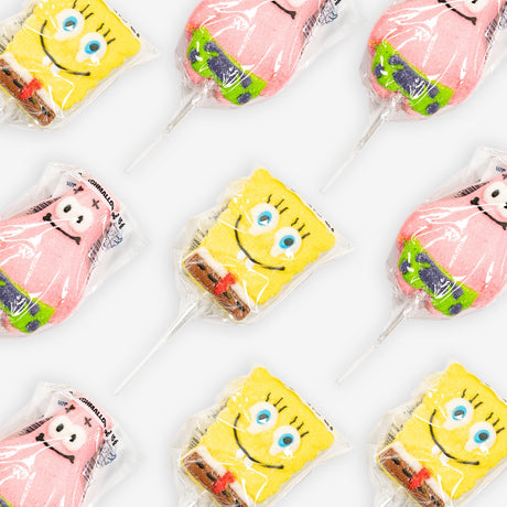Candy bars shaped like cartoon characters in clear wrappers on a white background