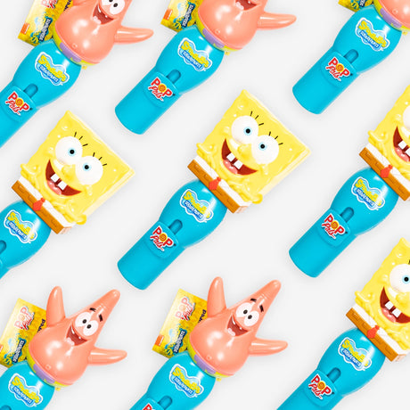 Spongebob characters Pop Pals in blue bottles on a white background