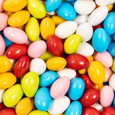 Assorted colorful sugared almonds in a close-up shot