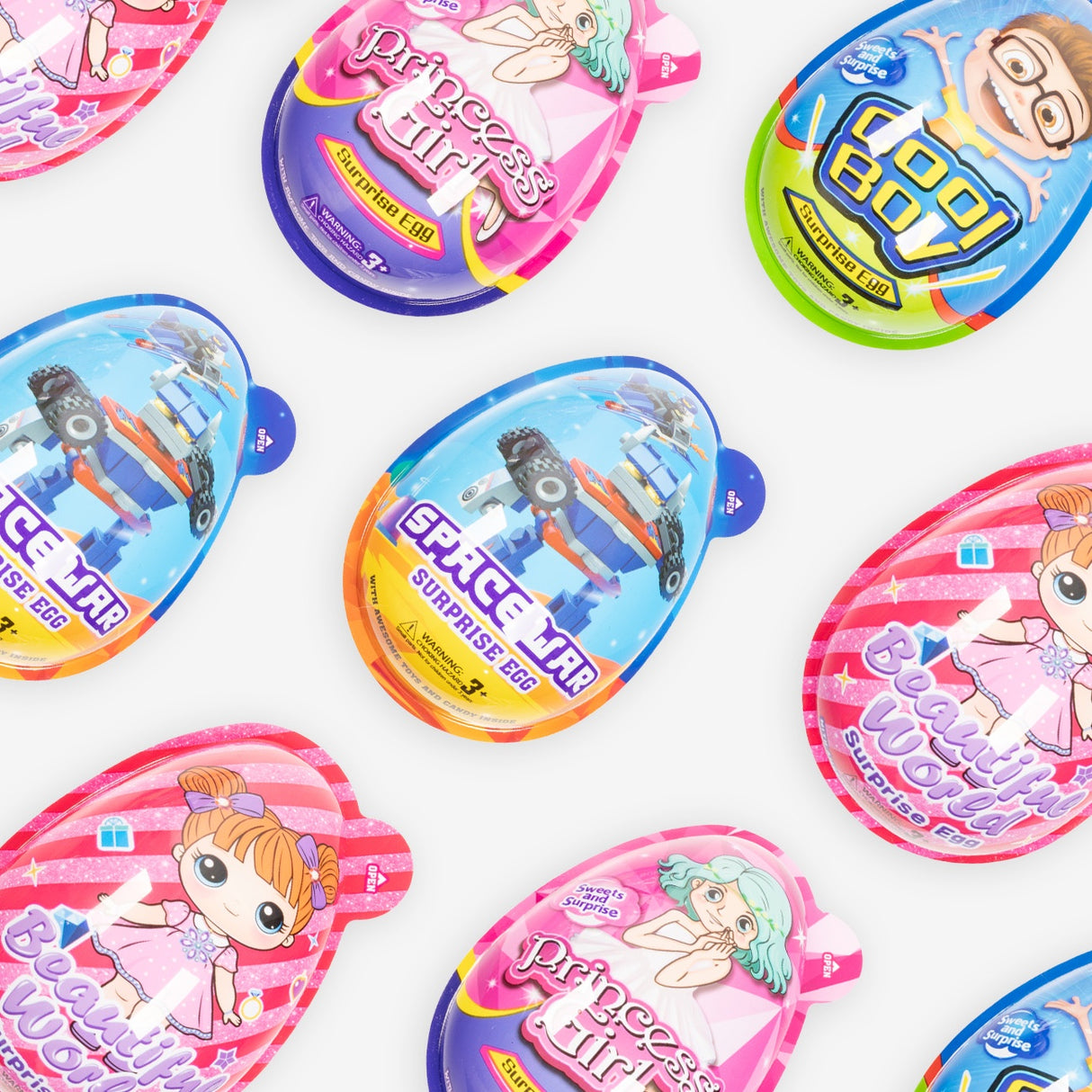 Colorful packaging of various toys on a white background