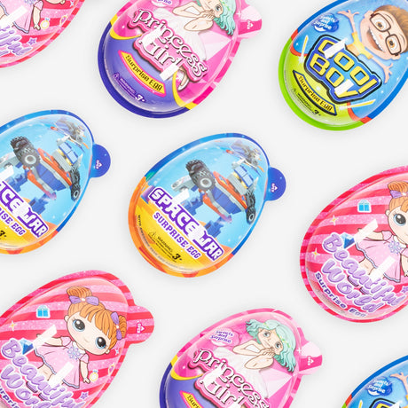 Colorful packaging of various toys on a white background