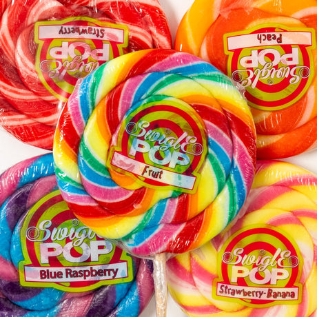 swigle, pop, lollipop, candy, stick, multi, rainbow, fruit, peach, blue aspberry, strawberry, banana, lollyshop, nz