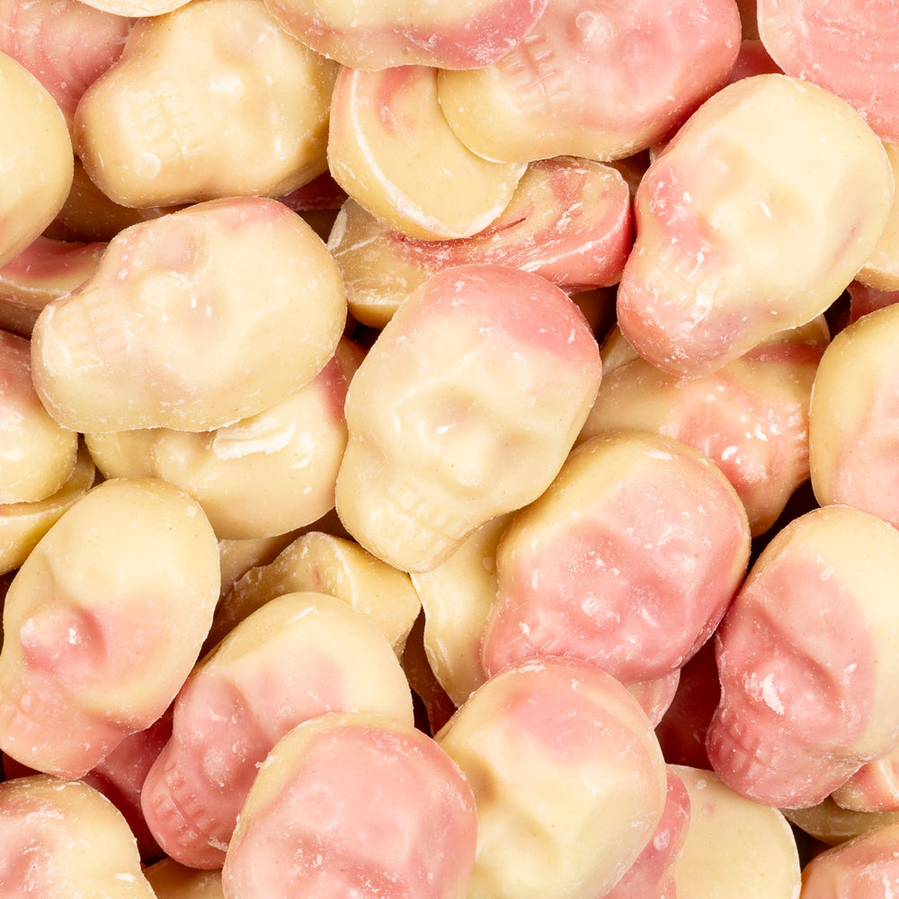 white, chocolate, strawberry, skulls, pink, lollies, halloween, candy, lollyshop, nz