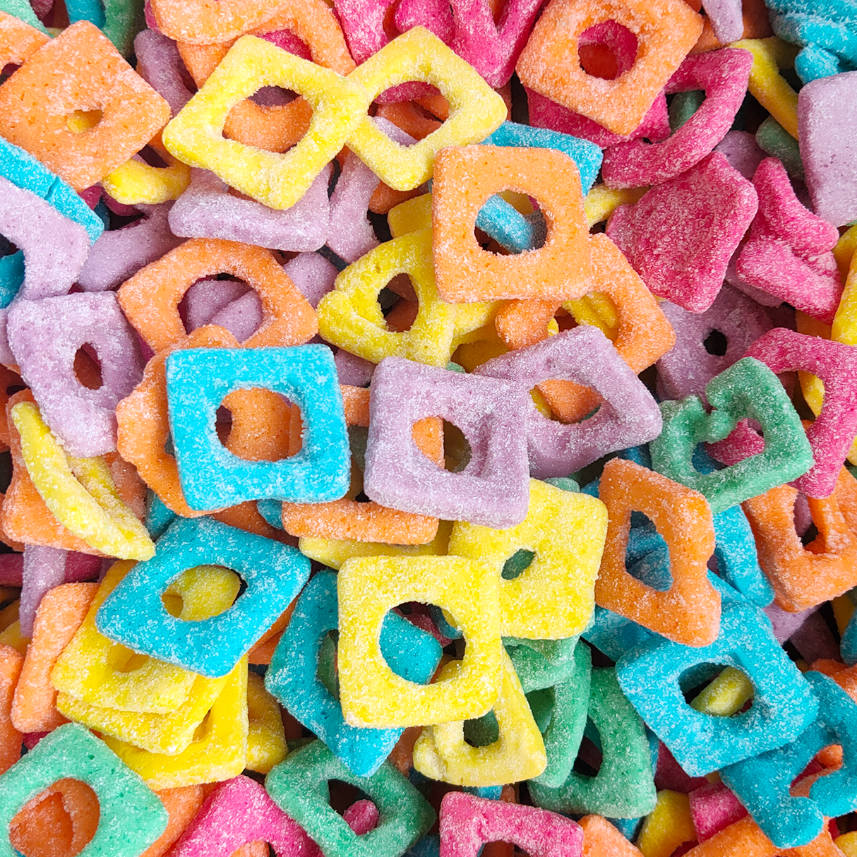 sopur, squares, rainbow, colourful, gummies, lollies
