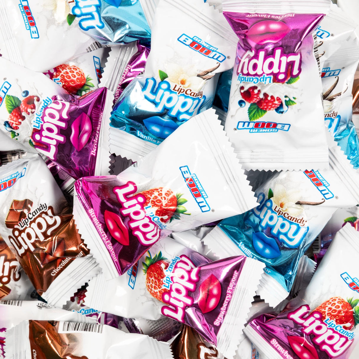 Assorted packets of Lippy candy with colorful packaging.