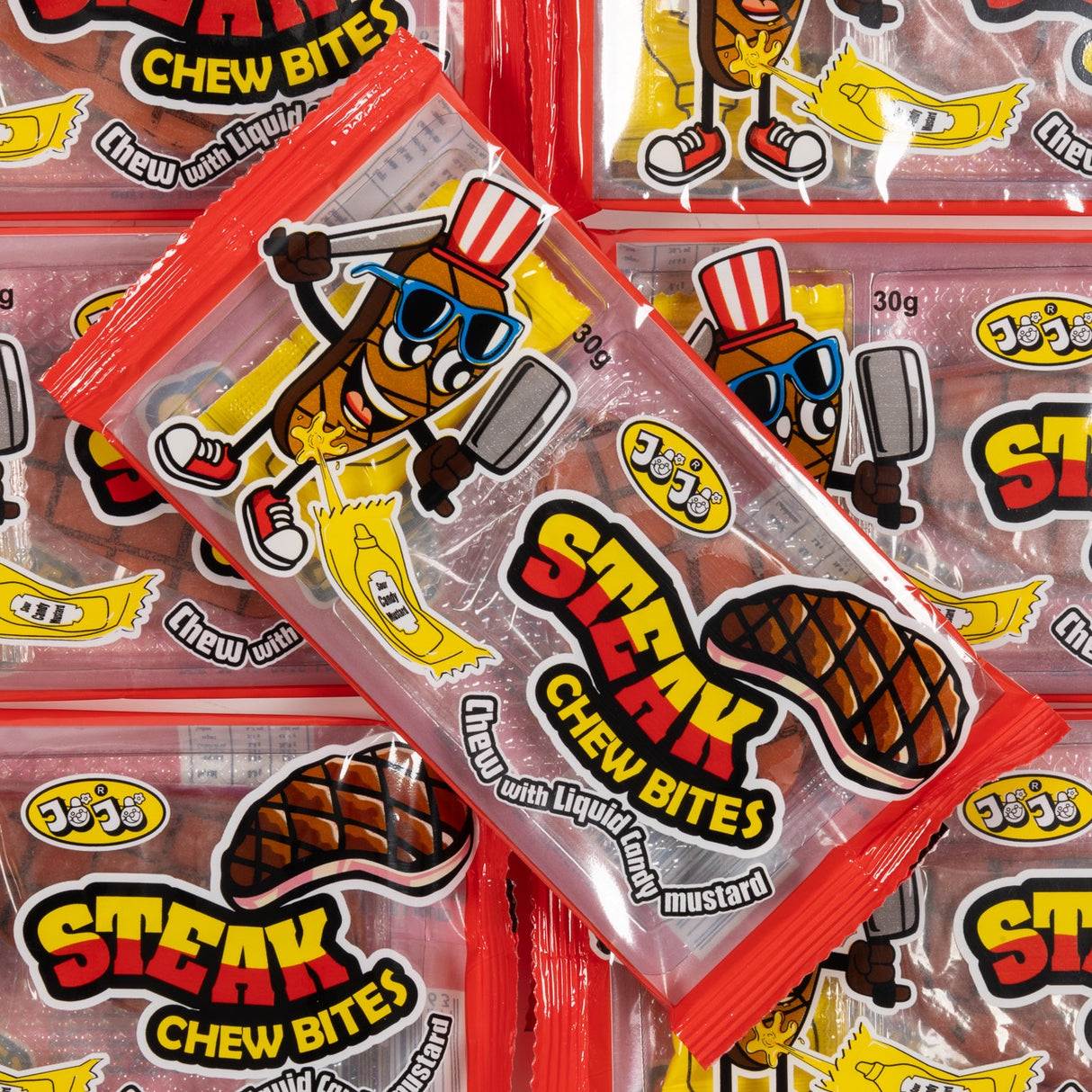 jojo, steak, chew, bites, candy, liquid, mustard, sour, sauce